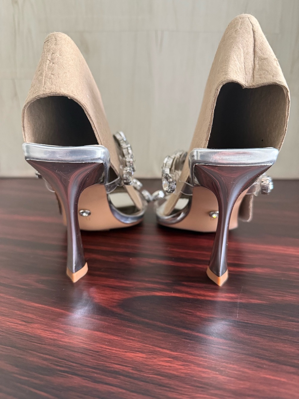 Azalea Wang Paolina Pointed Toe Slide Heeled Sandal Chunky Rhinestones Size 8 - Picture 9 of 13